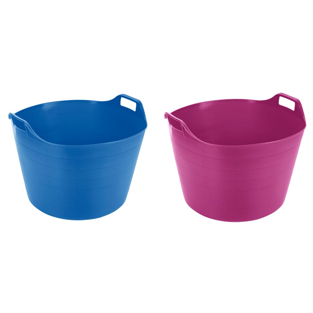 (Set of 2) 75L Litre Sky Blue And Pink Robust Versatile Multipurpose Extra Large Flexi Tub Garden Home Flexible Plastic Storage Container Bucket Tub Trugs Horse Feeder Flex Tub - Made in UK Sky Blue + Pink