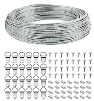 30 M/98 Feet Picture Hanging Wire Kit, Hanging Picture Hooks and Wire Set with 42 D Ring Hangers, 42 Screws, 70 Crimping Loop Sleeve for Hanging Photo Frames, Mirror, Wall Art