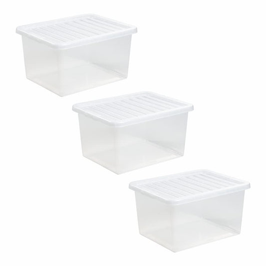 (Set of 3)- 37L Litre Clear Plastic Storage Box With Crystal Lids Home Office Stackable Nestable Container Made in U.K