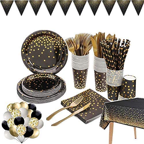 142 Pieces Black and Gold Party Supplies Set, Golden Dot Party Dinnerware, Include Black Paper Plates Napkins Cups, Gold Forks Knives for Graduation, Birthday, Cocktail Party Black /Gold