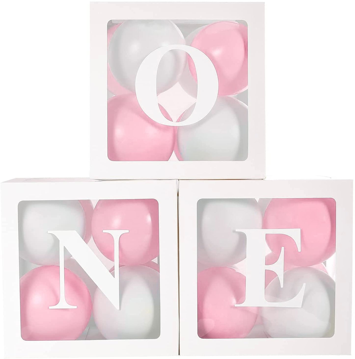 1st Birthday Decorations for Girls, One Balloon Boxes for 1st Birthday, 3Pcs Balloon Boxes with 24 Balloons and ONE Letters, Girl First Birthday Decorations, 1 One Year Old Birthday Party Supplies Pink