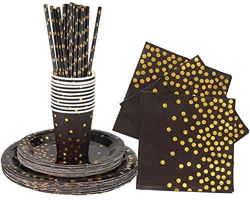 142 Pieces Black and Gold Party Supplies Set, Golden Dot Party Dinnerware, Include Black Paper Plates Napkins Cups, Gold Forks Knives for Graduation, Birthday, Cocktail Party Black /Gold