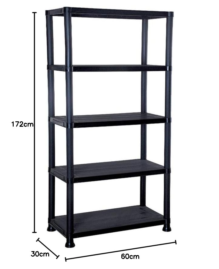 4/5 Tier Black Plastic Shelving Unit Storage Organised Garage/Home/Pantry Racking Shelf Shelves Workbench Workman Bays Racking Tools Paint Stationary Parts (5 Tier) by E-Bargains