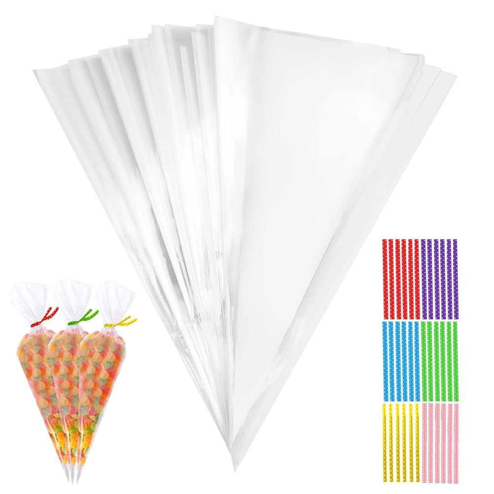 120Pcs Sweet Cone Bags, 30x16 cm Large Clear Cellophane Bags Cone Bags Treat Bags with Colourful Twist Ties for Party Christmas Festivals Candy Cookie Baking Wrapping