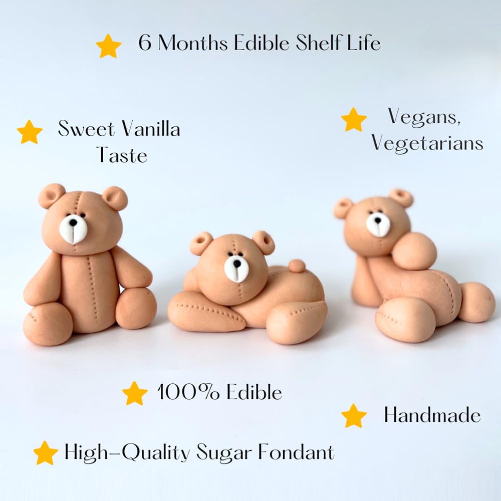 3Pcs Teddy Bears Cake Topper Christening Decoration 3D Edible Fondant Figures Great for Kids Boy Girl Birthday Baby Shower Easy to Use