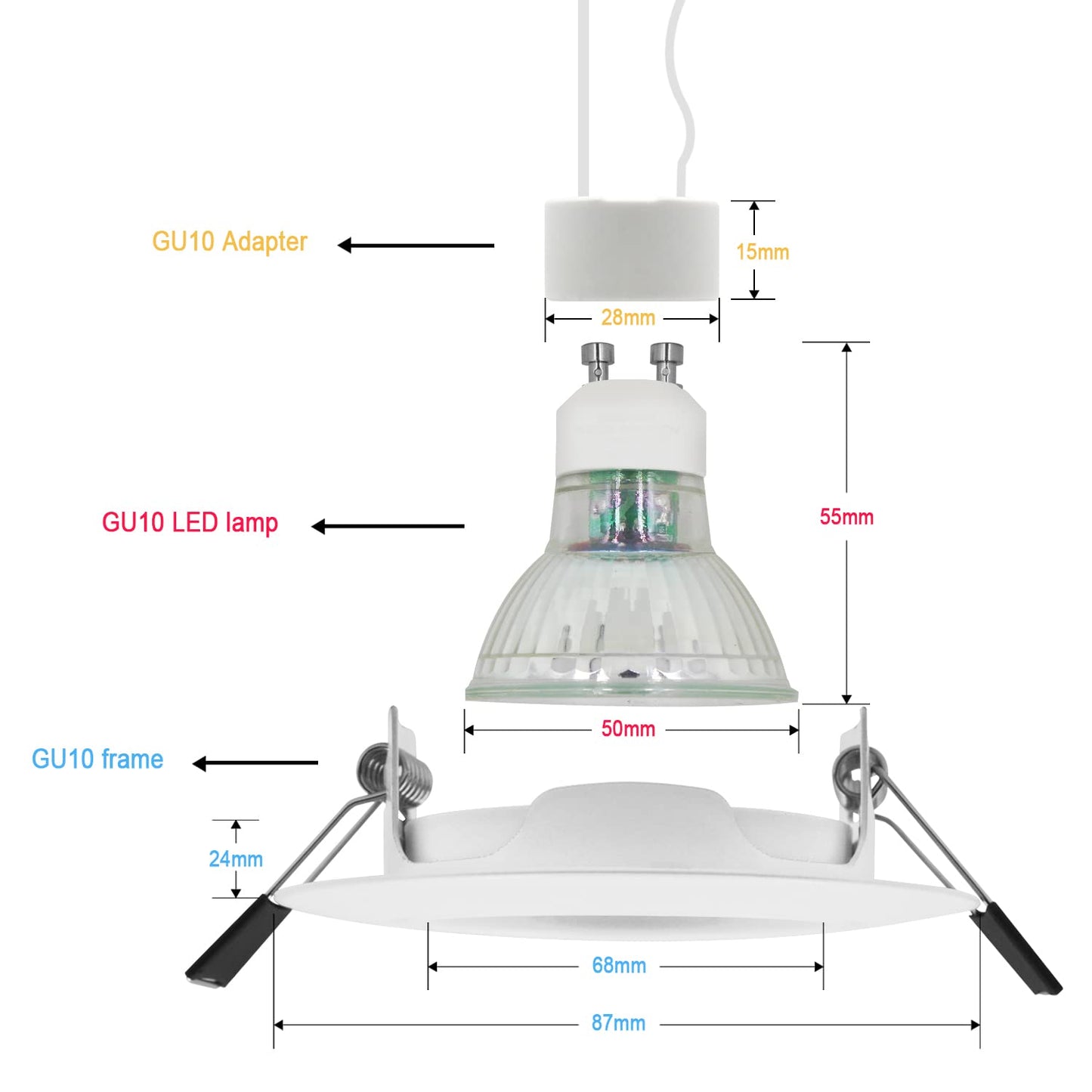 10x Modern GU10 Downlights for Ceiling, Round Matt White Metal Frame for Recessed Ceiling Lights, Tilt Swivel Spotlight - External Dimensions: 90mm, Cut-Out Hole Size:68-80 mm