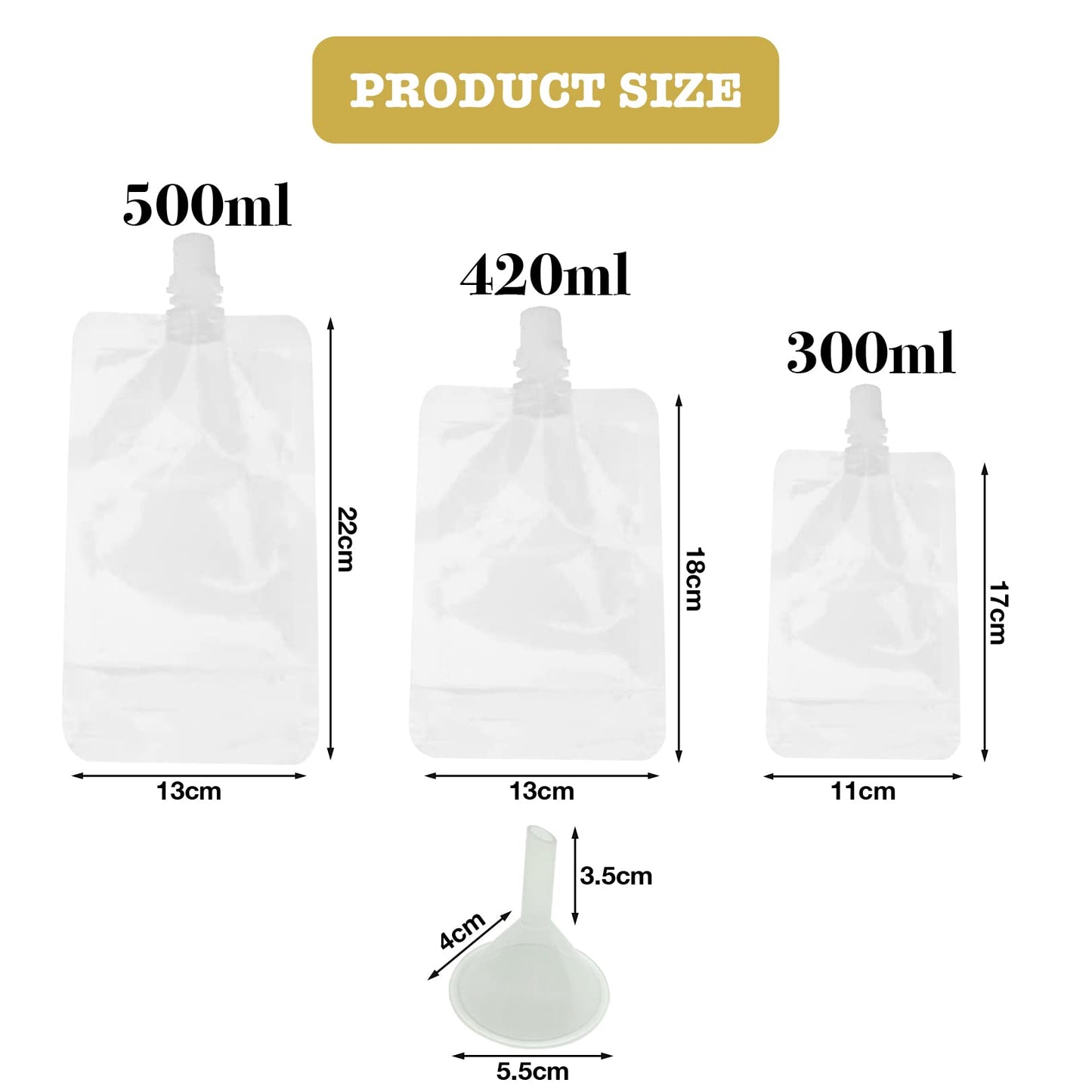 12 Pieces Reusable Drink Pouches Travel Drink Flasks Liquor Pouch with Spout and 1 Pieces Drink Flask Funnel for Picnic Camping Party Beverage Drinks, 300ml, 420ml, 500ml