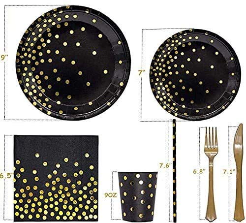 142 Pieces Black and Gold Party Supplies Set, Golden Dot Party Dinnerware, Include Black Paper Plates Napkins Cups, Gold Forks Knives for Graduation, Birthday, Cocktail Party Black /Gold