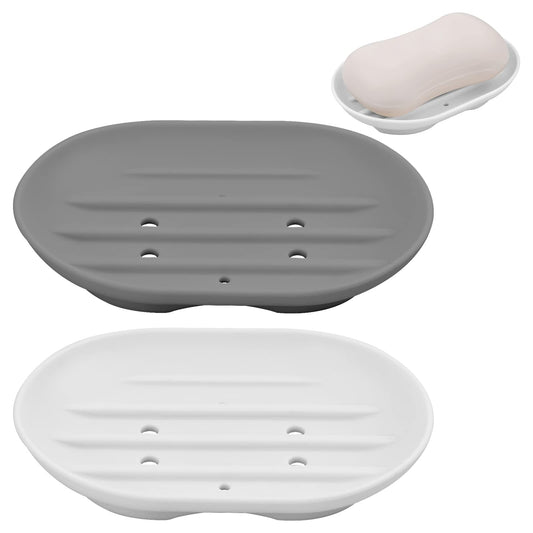 2 Pcs Silicone Soap Dish,Portable Shower Soap Box,Self Draining Soap Holder | Easy Cleaning, Dry,Soap Container Perfect for Shower, Bathroom, Kitchen, Counter Top and Travel (Gray & White)