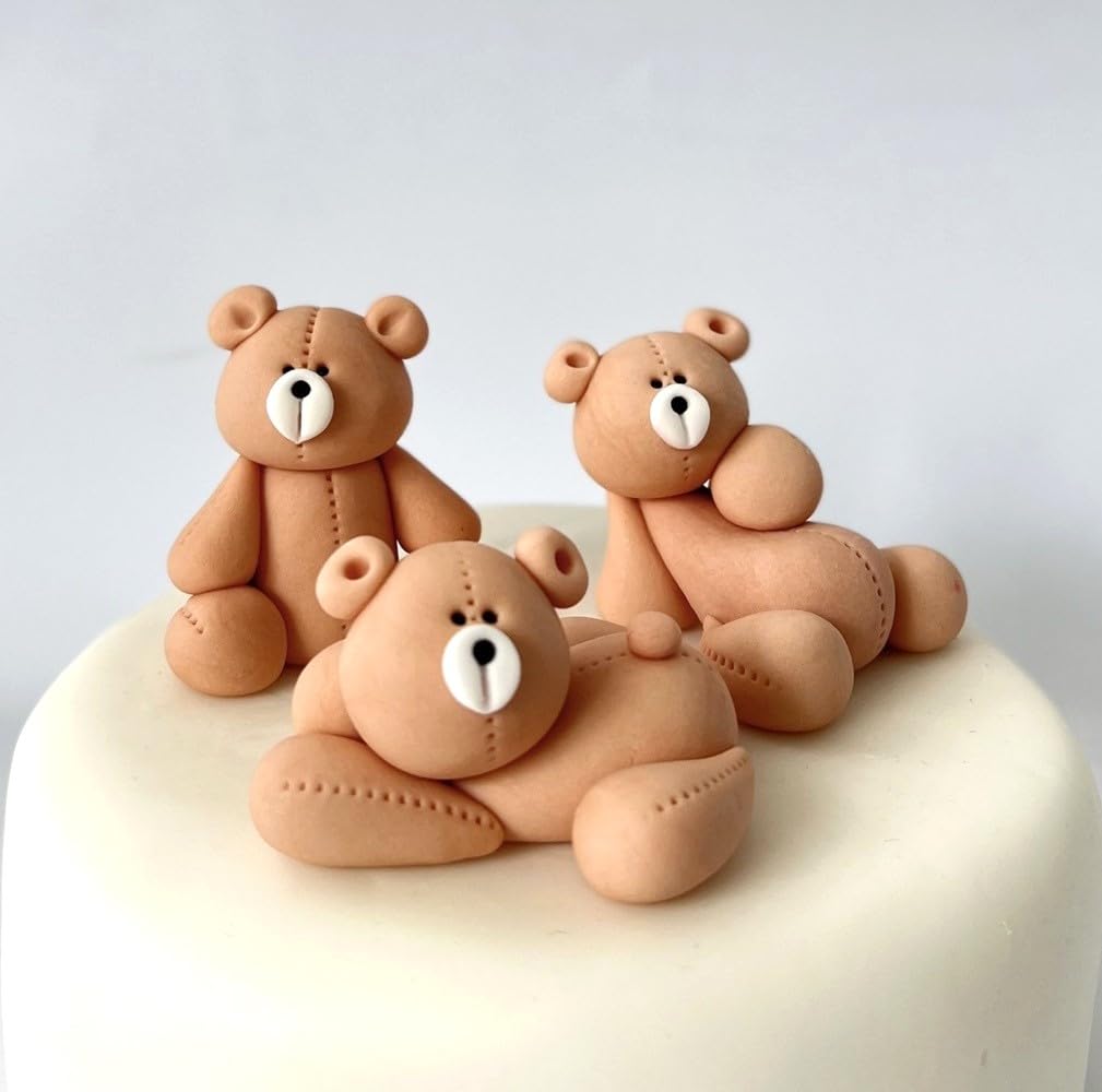 3Pcs Teddy Bears Cake Topper Christening Decoration 3D Edible Fondant Figures Great for Kids Boy Girl Birthday Baby Shower Easy to Use