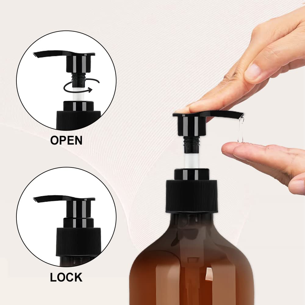 4 Pack 500ml Soap Pump Bottle Dispenser, Empty Plastic Lotion, Dish Soap, Shampoo and Conditioner Bottles, Liquid Soap Dispenser with Waterproof Labels and Funnel for Bathroom, Kitchen, Hotel (Brown) Brown