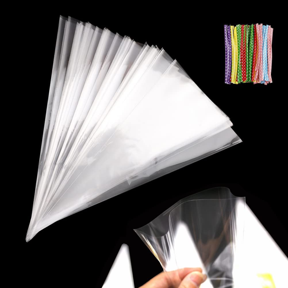 120Pcs Sweet Cone Bags, 30x16 cm Large Clear Cellophane Bags Cone Bags Treat Bags with Colourful Twist Ties for Party Christmas Festivals Candy Cookie Baking Wrapping