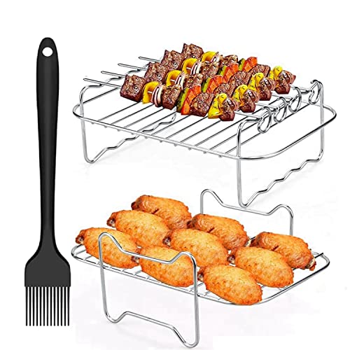 2 Pcs Air Fryer Rack for Ninja Dual Zone, Air Fryer Accessories, Stainless Steel Grill Rack with Skewers, Oil Brush Compatible with Ninja AF300UK/AF400UK, Tower, Salter and Other Dual Zone