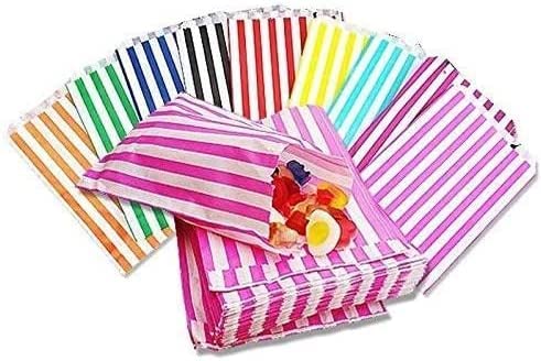 100 5" x 7" Mixed All 10 Colours Striped Candy Sweet Paper Bags | Wedding Buffet Favour Cake Gift Pick n Mix Shop | Premium Quality UK Made 100