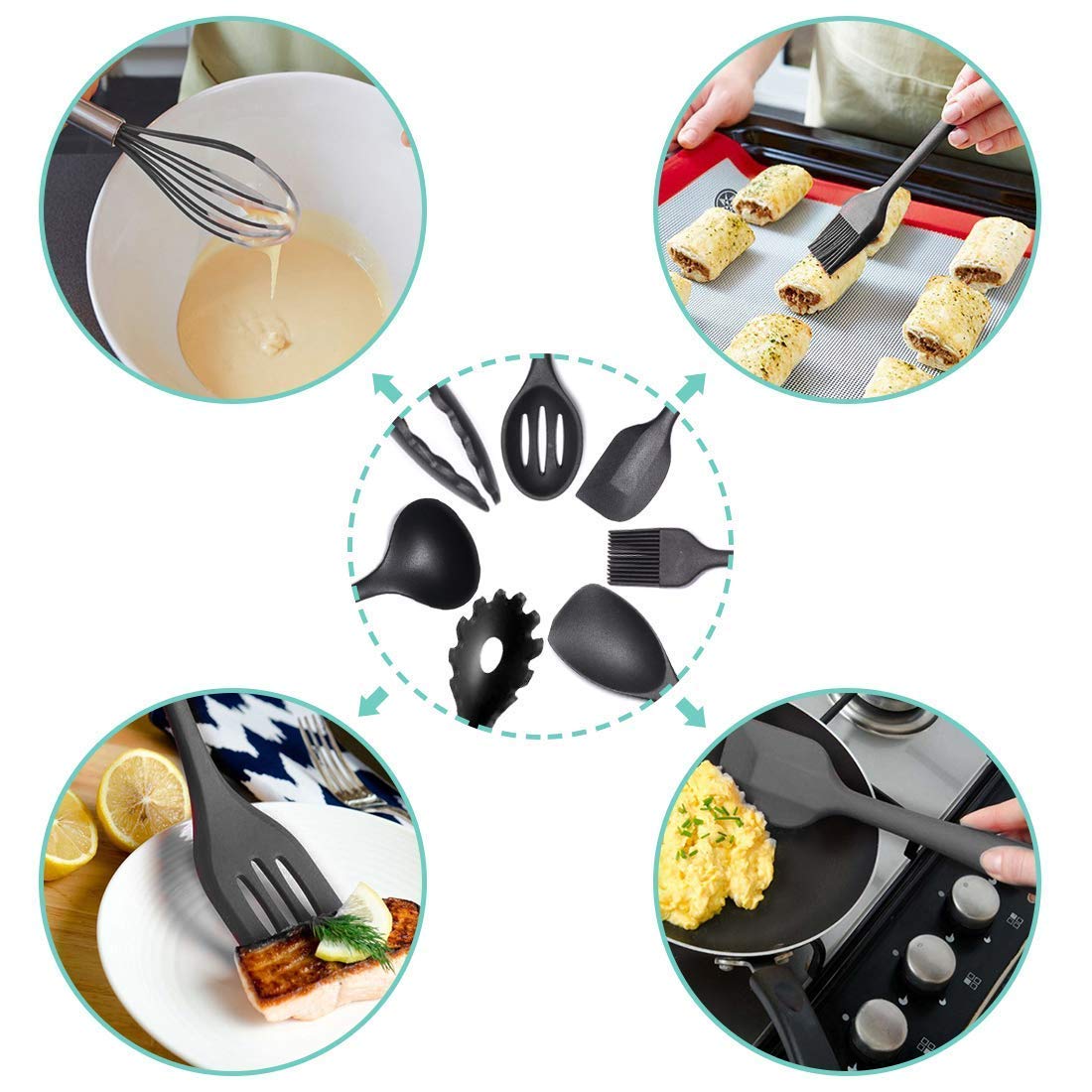 10-Piece Silicone Kitchen Utensil Set - Non-Stick, Heat Resistant Cooking Utensils Set of Spatula, Turner, Spoons, Tong, Oil Brush and Whisk (Black)