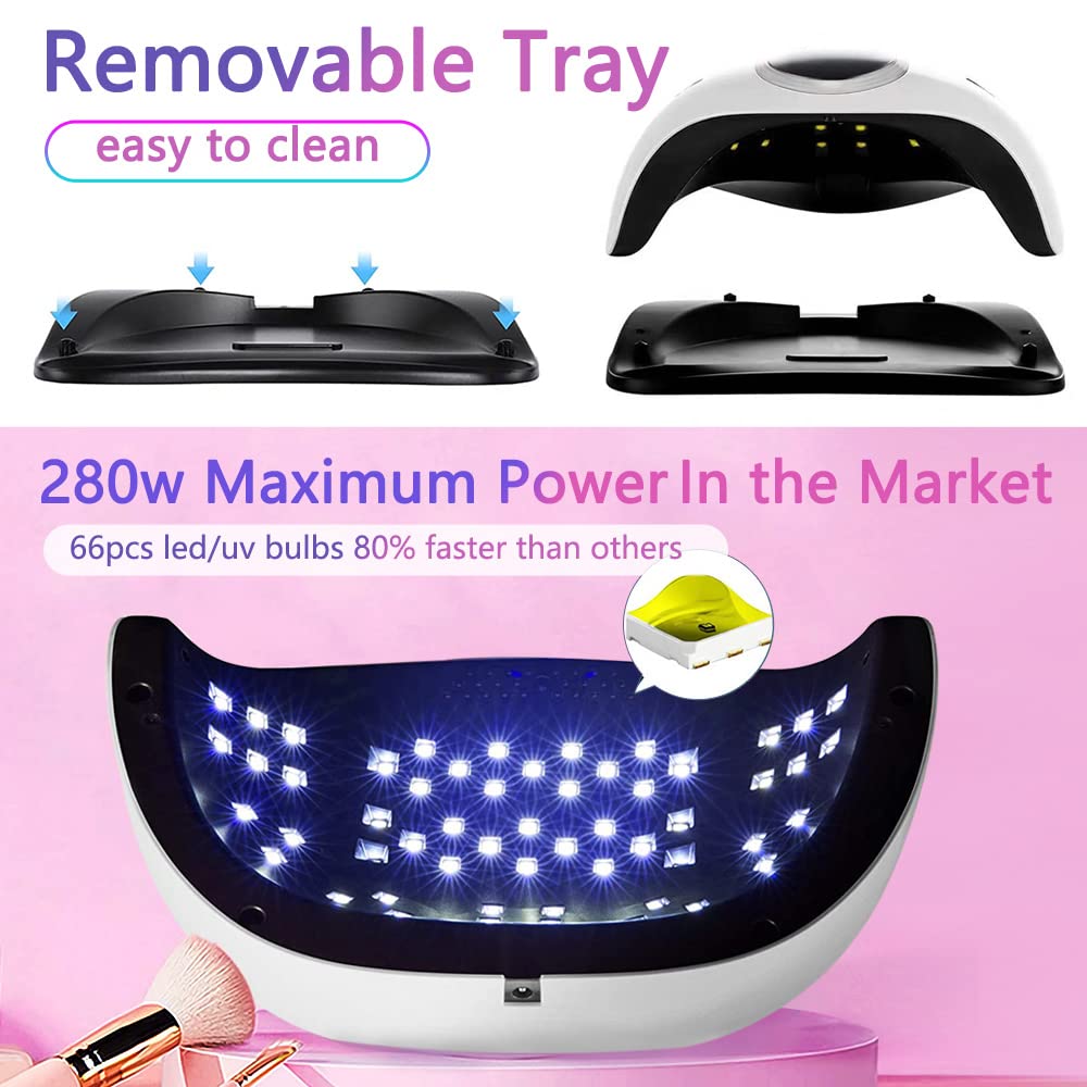 280W UV LED Nail Lamp, Fast Nail Curing Lamps for Home & Salon, 66 Beads Dryer for Gel Polish with Automatic Sensor/4 Timer Setting, Handle Professional Art Tools