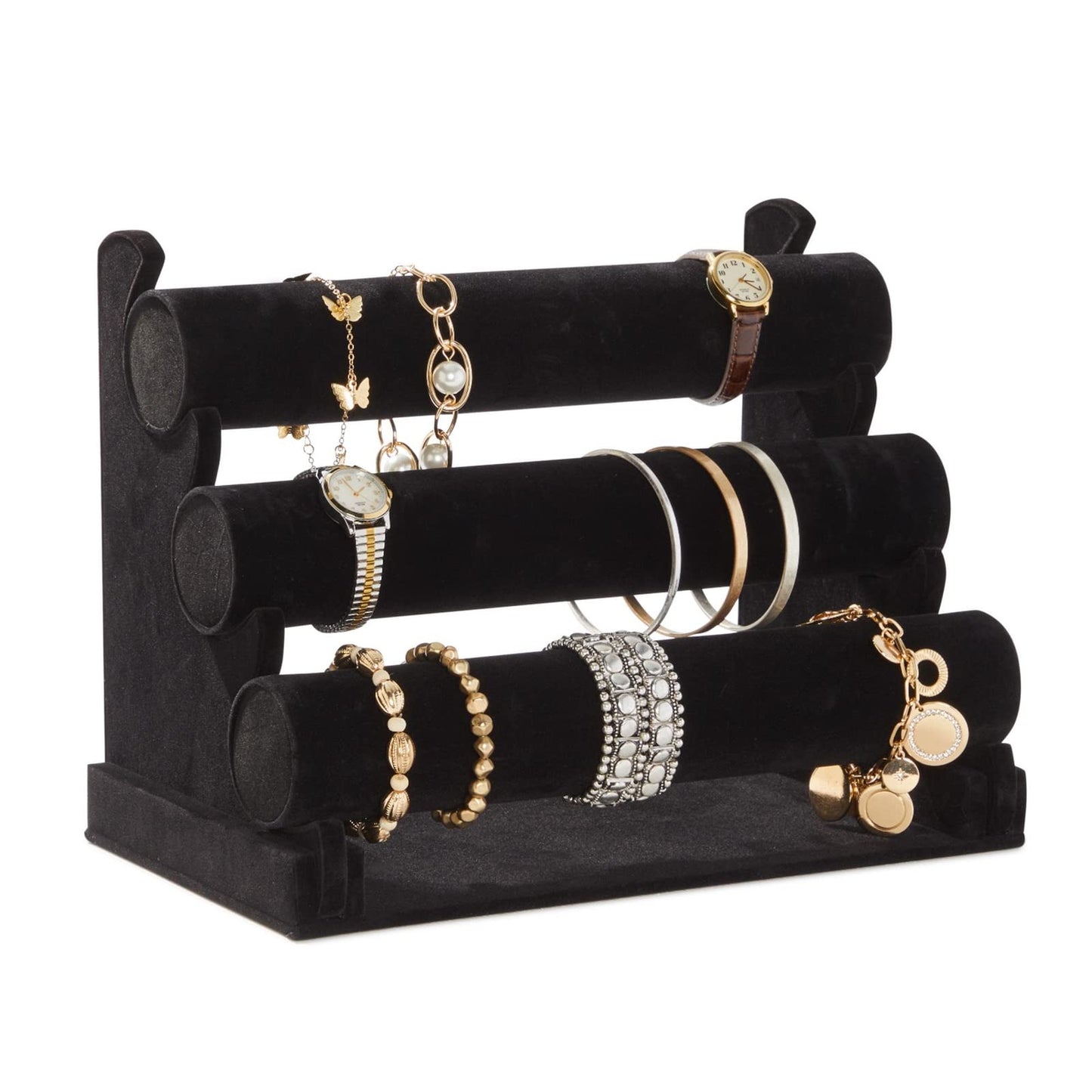 3-Tier Jewellery Display Stand with Removable Bars for Bracelets, Anklets, Watches, Bangles, Black Velvet, 30.5 x 23 x 18 cm