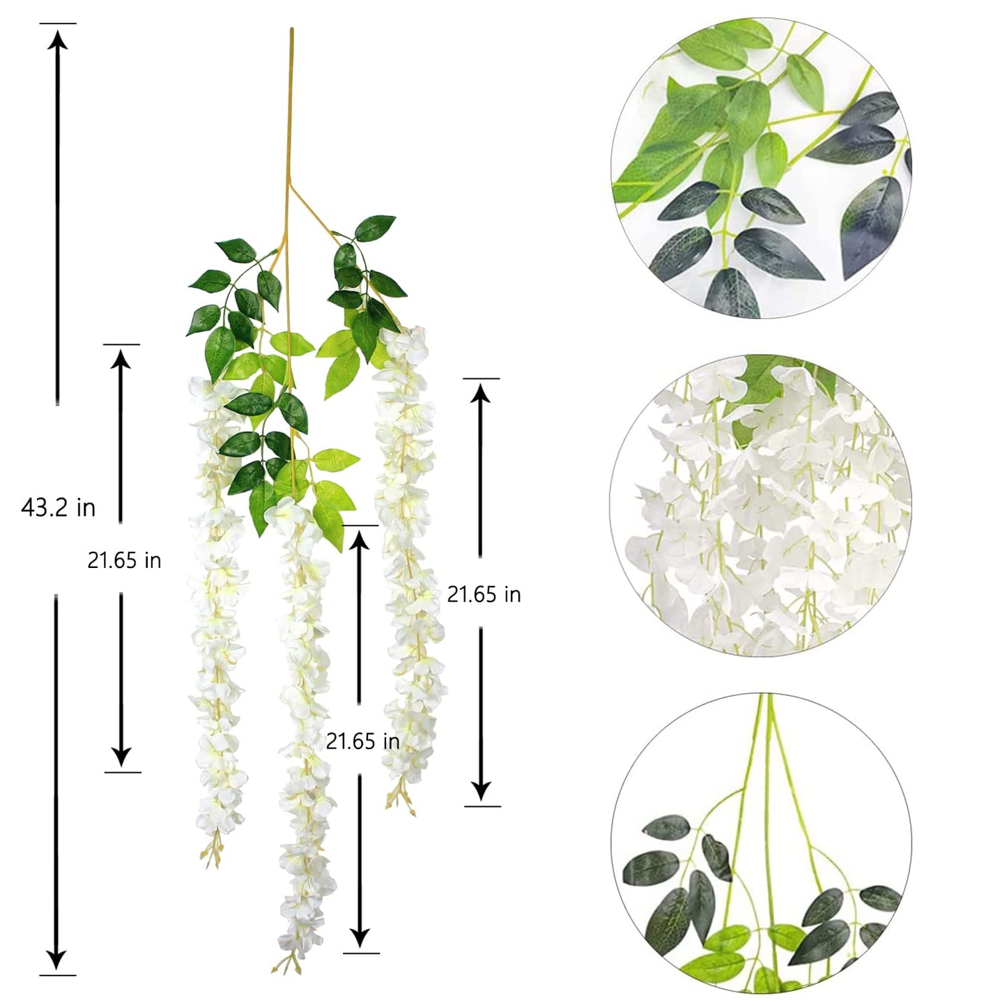 24Pcs Artificial Wisteria Flowers 43 inch/Piece White Dense Artificial Fake Wisteria Vine Ratta Hanging Garland Silk Flowers String Home Party Wedding Decor(White-Dense） 24pcs White-dense