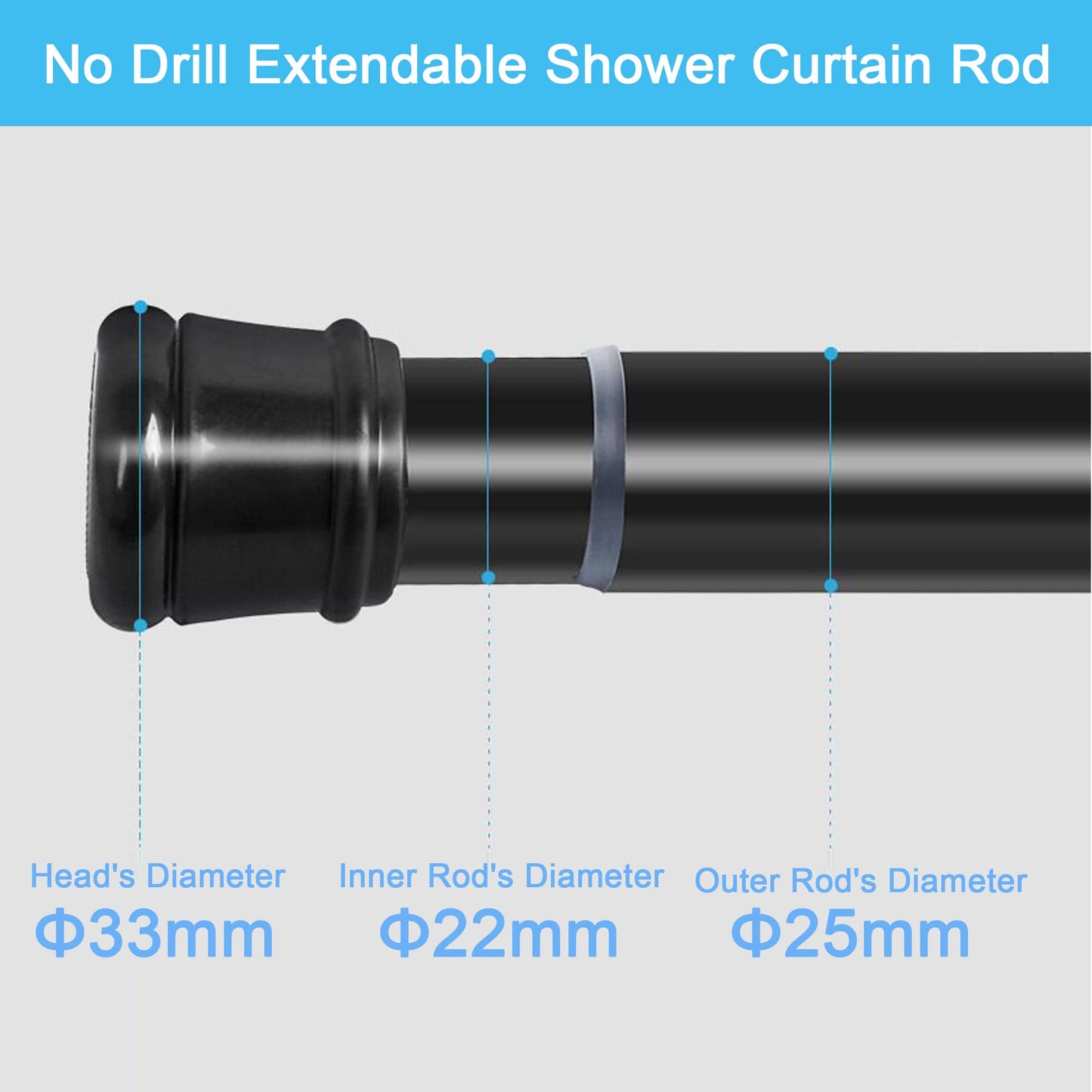 1PC Tension Rod No Drill Door Curtain Pole, Shower Pole Extendable for Shower Curtain, Windows, Door Curtain, Wardrobe, Bathroom 70-120Cm/27.56-47.24Inch(Diameter:25mm) Black 70-120CM/27.56-47.24Inch（1PC)Φ25MM