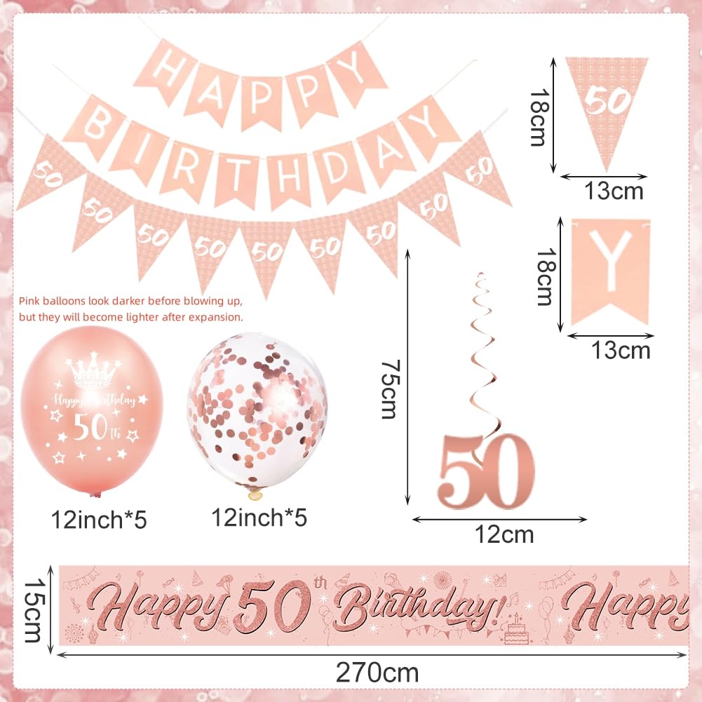 50th Birthday Decorations for Women-Rose Gold 50th Birthday Banners for Her,50th Party Decor Happy 50th Birthday Banner Bunting Foil Hanging Swirls Triangle Flags Confetti Latex Balloons Pink 50th Birthday Set