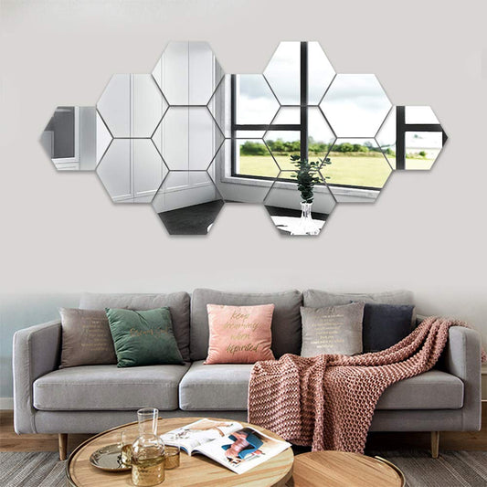 14 Pcs Hexagon Mirror Wall Stickers, Large Acrylic Plastic Mirror Tiles Art Decoration Mirror DIY Mirror Sheet Mirror Setting Wall Sticker Decal Murals for Home Office Bedroom TV Background Gym Decor Silver