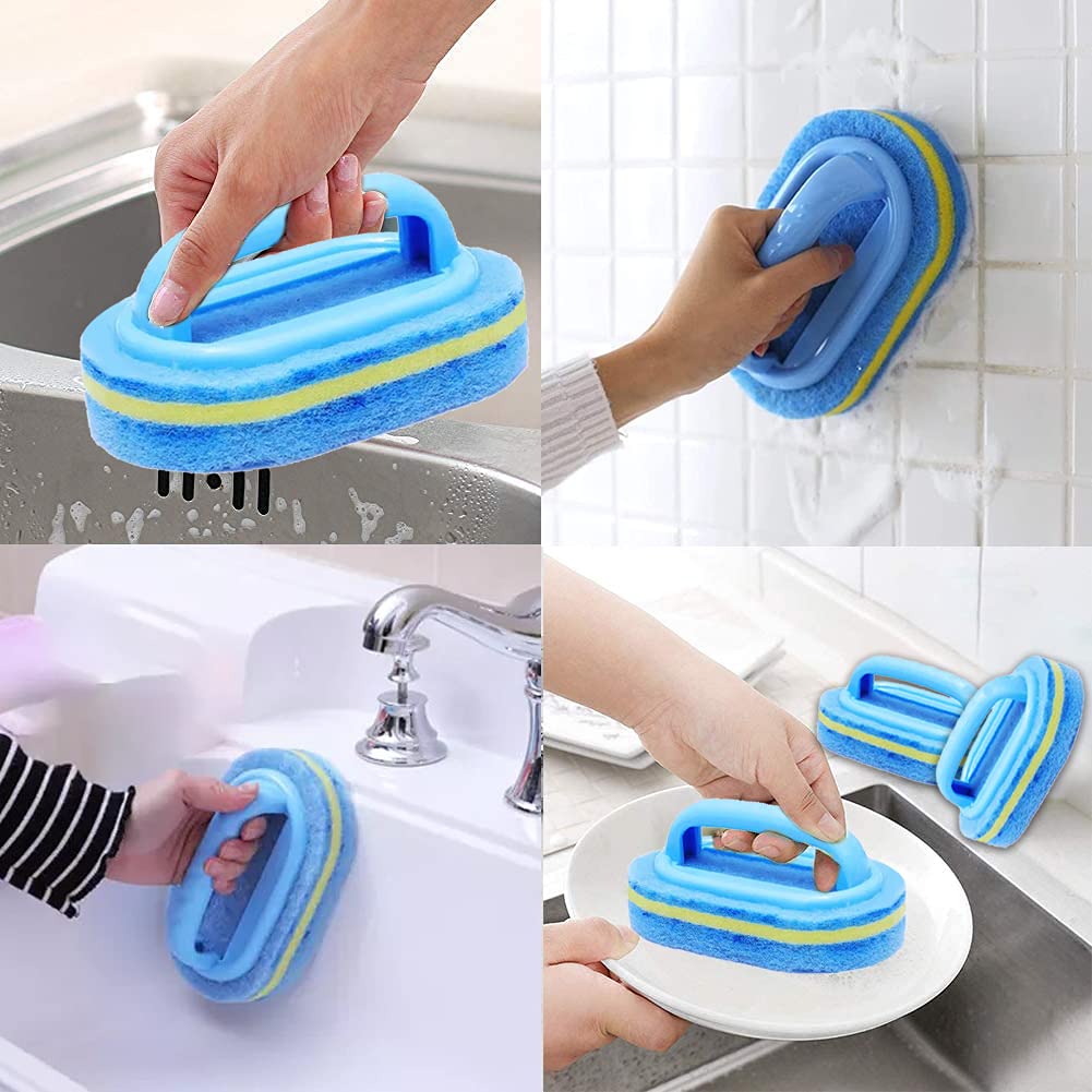 2Pcs Cleaning Brush,Bathroom Cleaning Sponge,Cleaning Sponge for Kitchen Bathtub Bath Toilet Wall Floor Tile Scrub Brush with Handle