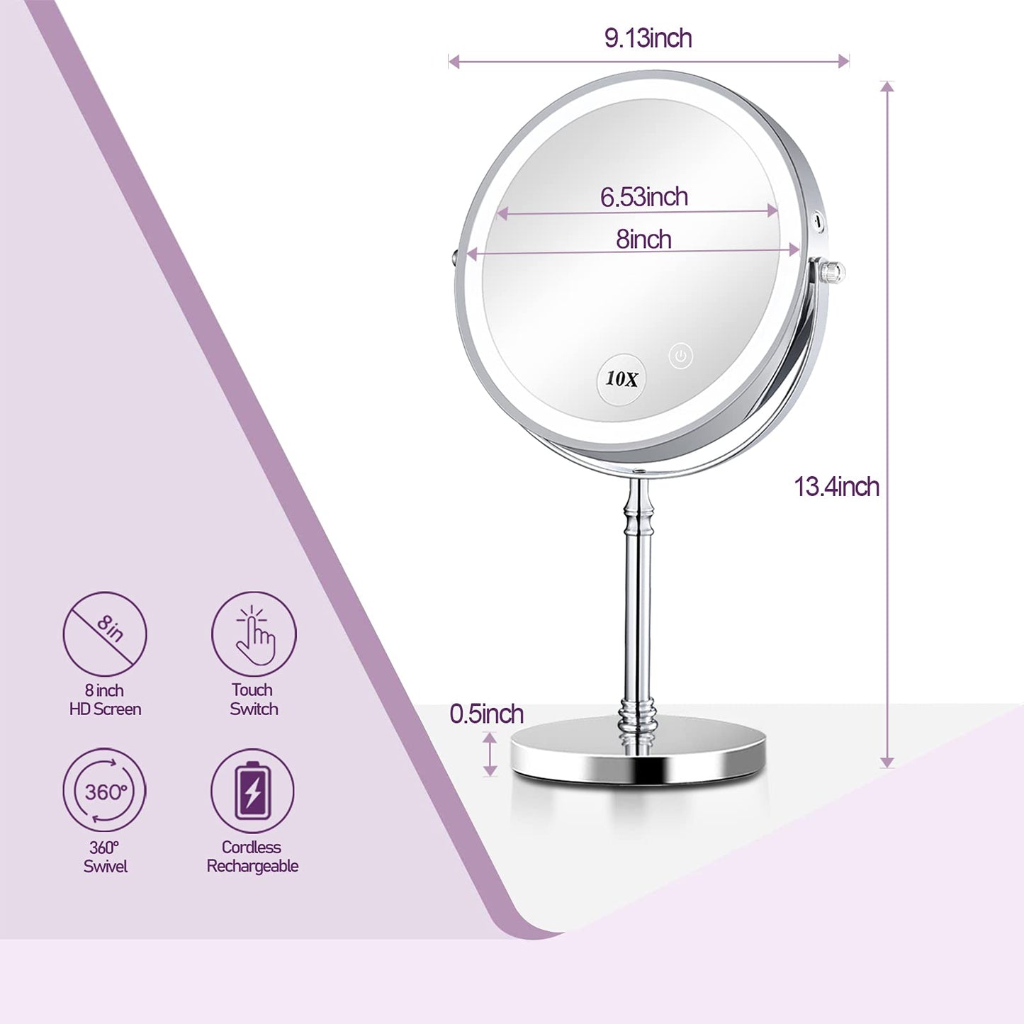 8in Rechargeable Lighted Makeup Mirror with 3 Color Lights Dimmable Double Sided 1X/10X Magnifying Mirror Touch Screen