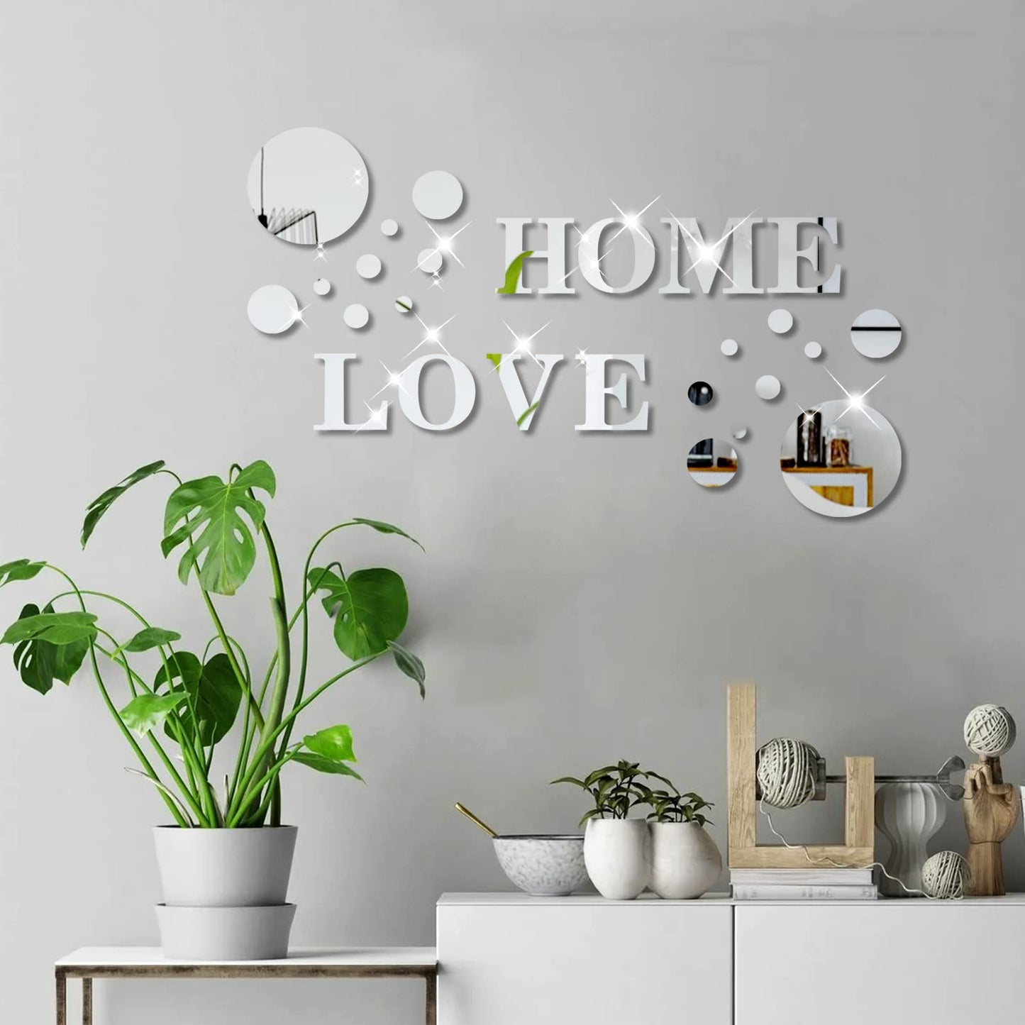 26 Pieces Acrylic 3D Mirror Wall Stickers Home Sign & Love Letters and Round Shaped,DIY Mirror Effect Wall Decals Removable Decor for Living Room Bedroom TV Background,Modern Fashion Home Decoration Silver