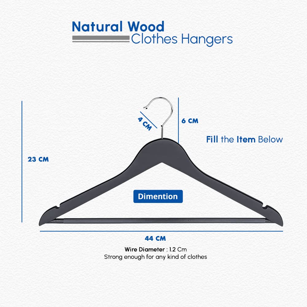 1ABOVE Strong Black Wooden | Made By Natural Wood and Non-Slip Trouser bar | Coat Hangers | Strong Shoulder Notches (20) 20