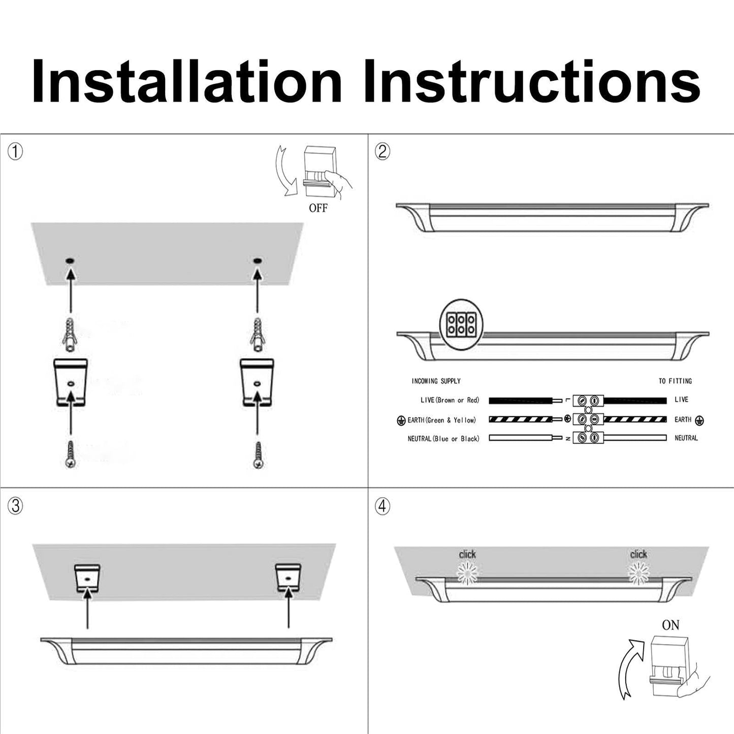 2 Pcs 4FT 115cm LED Batten Light,40W LED Tube Light Ceiling Surface Mounted Light Natural White 4000K 4000LM 130 °Beam Angle Ceiling Light for Shop,Office,Living Room,Garage，Warehouse, Kitchen