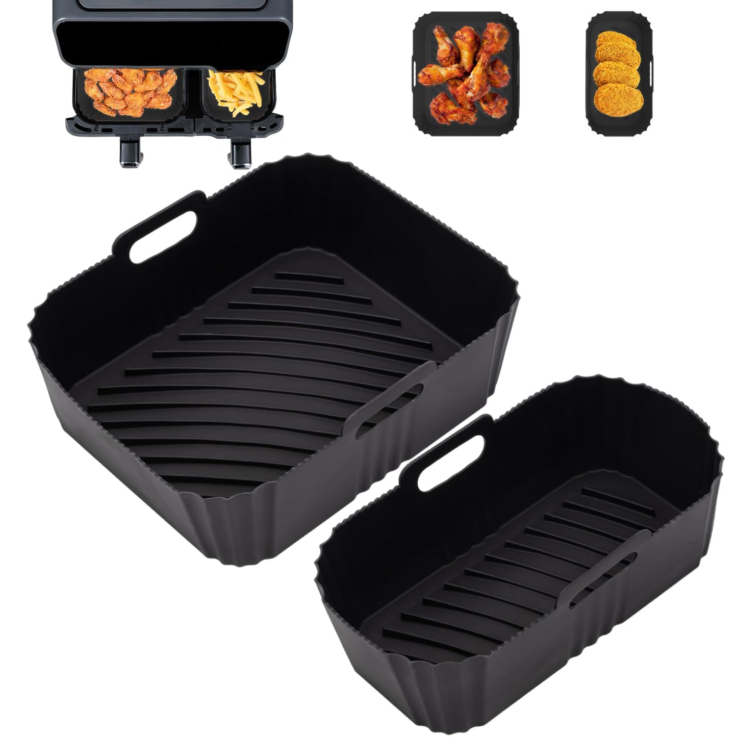 2pcs Reusable Air Fryer Silicone Liners for Tefal Easy Fry 5.2L/3.1L, Tower T17099 5.2L/3.3L, Lakeland 5L/3L, Salter 5.5L/3.5L, Two Sizes Airfryer Trays, Large&Small Dual Drawer Air Fryer Accessories