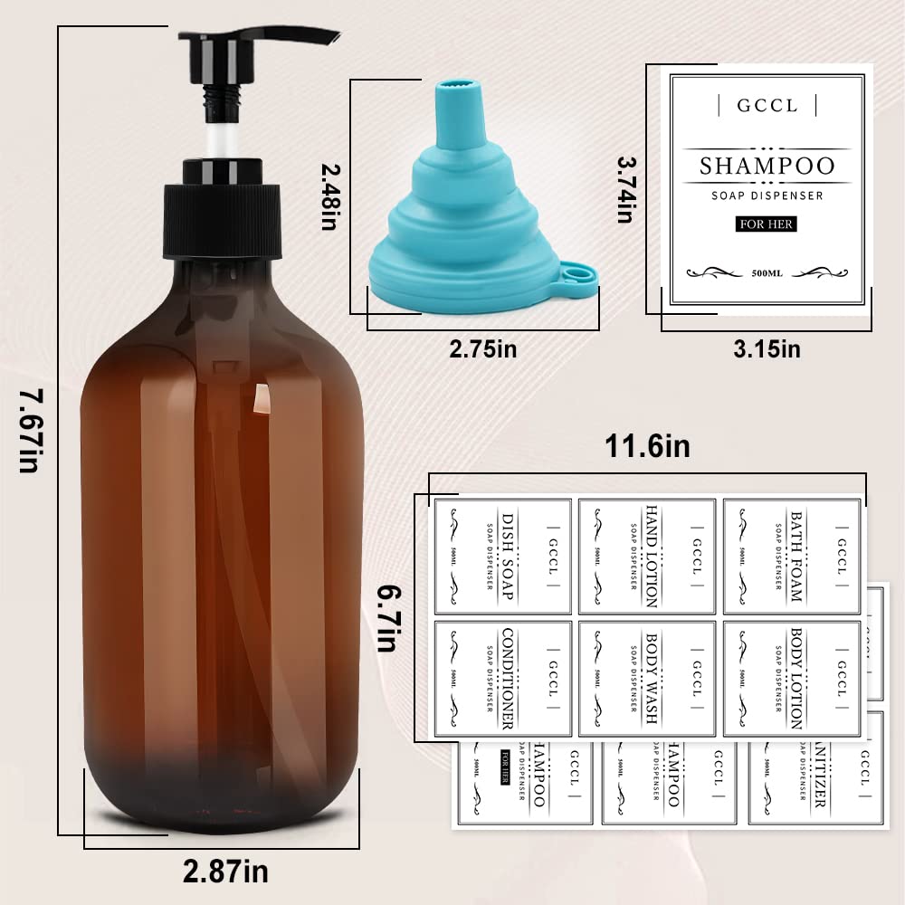 4 Pack 500ml Soap Pump Bottle Dispenser, Empty Plastic Lotion, Dish Soap, Shampoo and Conditioner Bottles, Liquid Soap Dispenser with Waterproof Labels and Funnel for Bathroom, Kitchen, Hotel (Brown) Brown