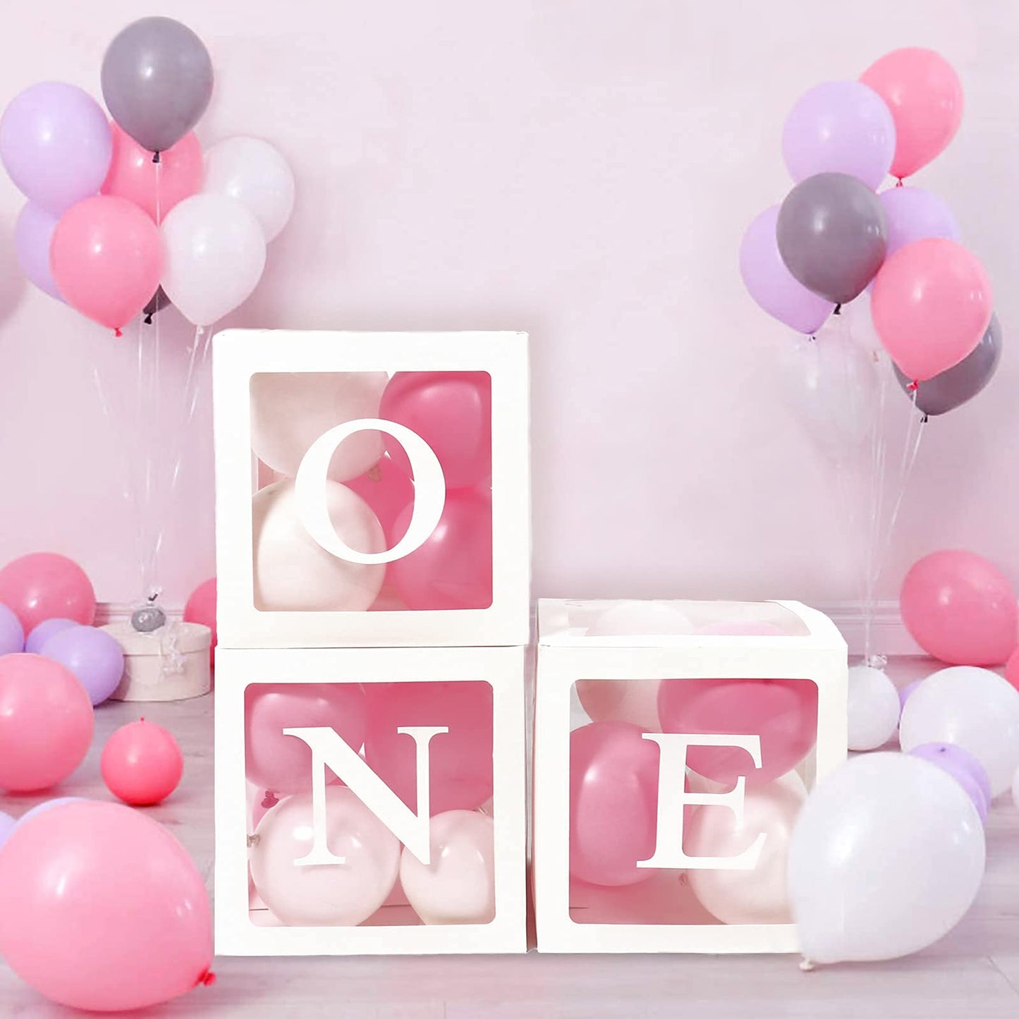 1st Birthday Decorations for Girls, One Balloon Boxes for 1st Birthday, 3Pcs Balloon Boxes with 24 Balloons and ONE Letters, Girl First Birthday Decorations, 1 One Year Old Birthday Party Supplies Pink