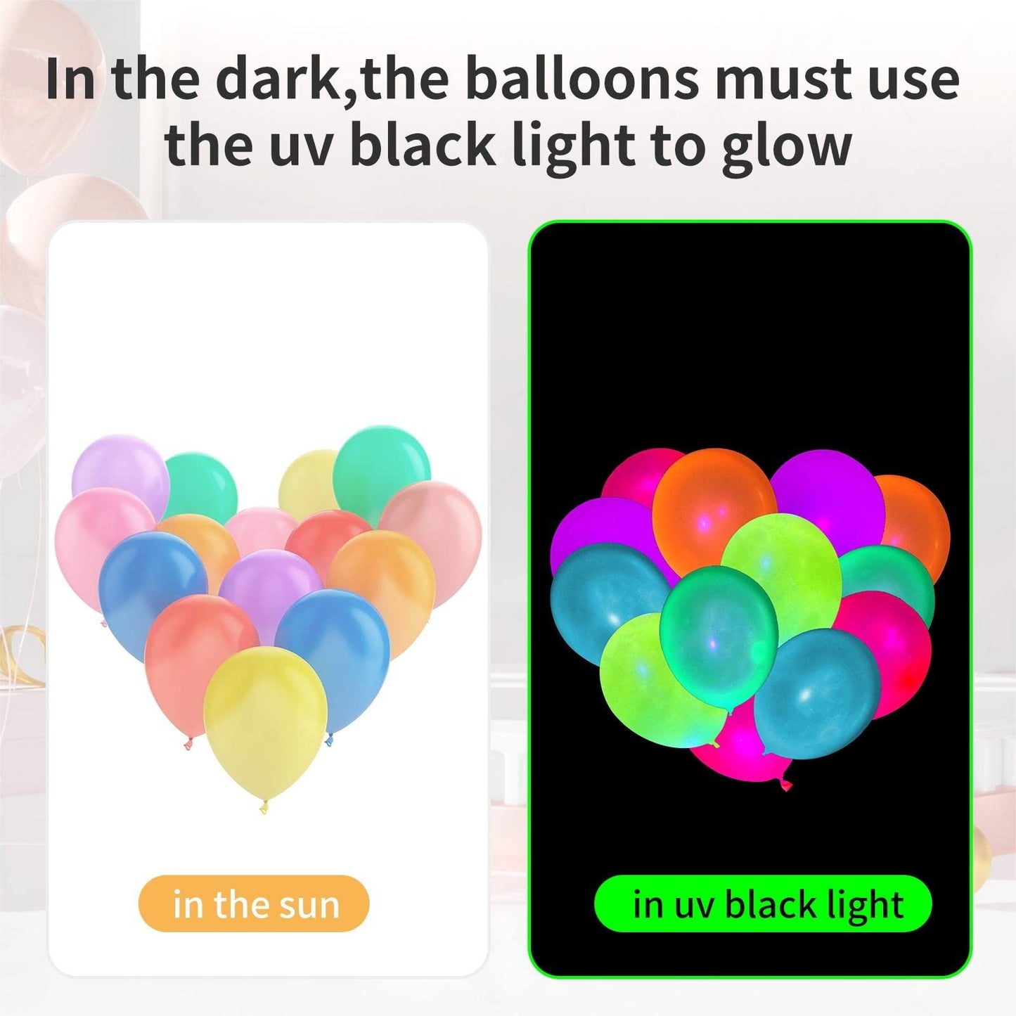 100 Pcs UV Neon Balloons,Neon Glow Party Balloons UV Black Light Balloons Glow in the dark for Birthday Decorations Wedding Glow Party Supplies Blacklight Reactive Fluorescent Balloons 100PCS