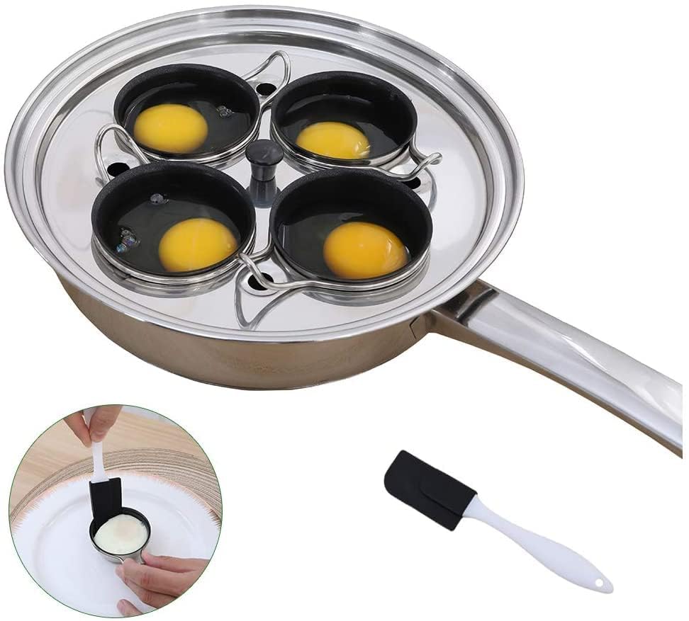 4 Cups Egg Poacher Pan - Stainless Steel Poached Egg Cooker – Induction Cooktop Egg Poachers Cookware Set with 4 Nonstick Large PFOA FREE Egg Poacher Cups and Silicone Spatula 4 cups