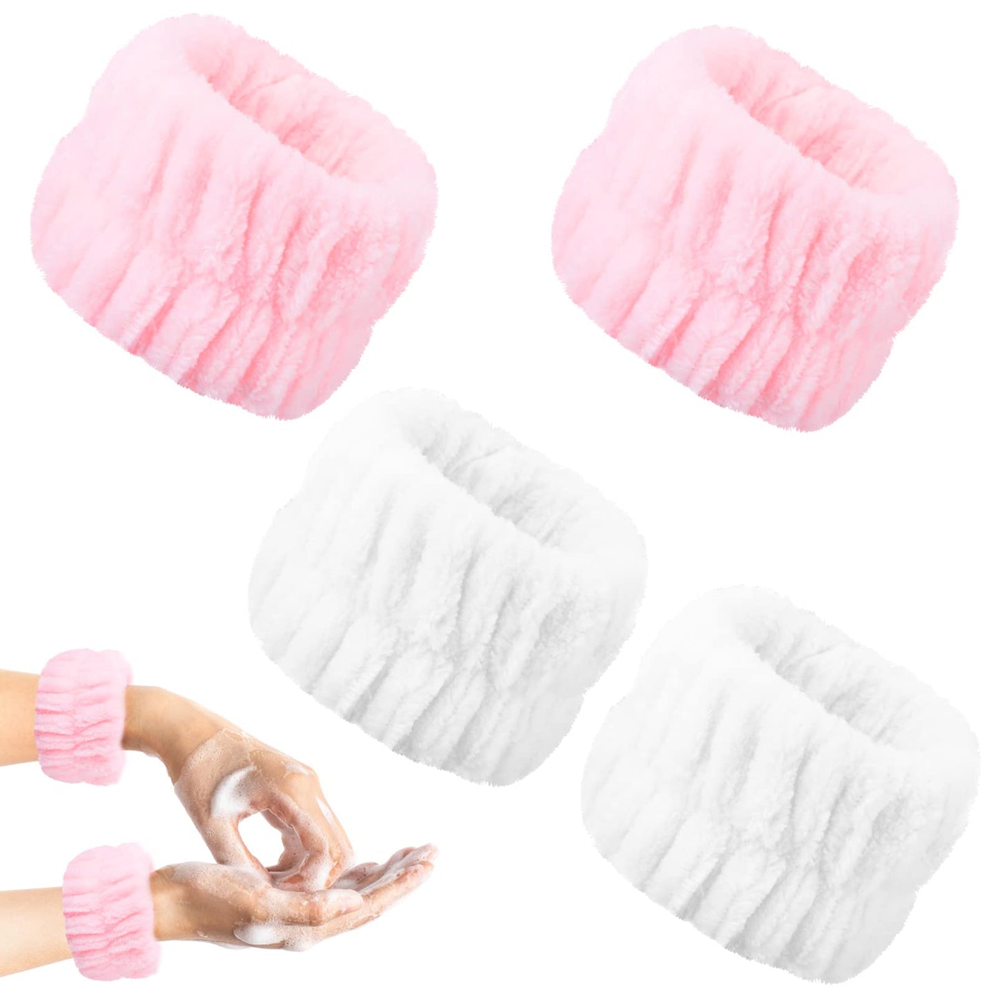 4Pcs Wrist Washband-Face Washing Wristband, Spa Wrist Towel Washband, Fluffy and Elastic Absorbent Washband for Women Washing Faces Prevent Liquid from Spilling Down Your Arms (Pink&White)