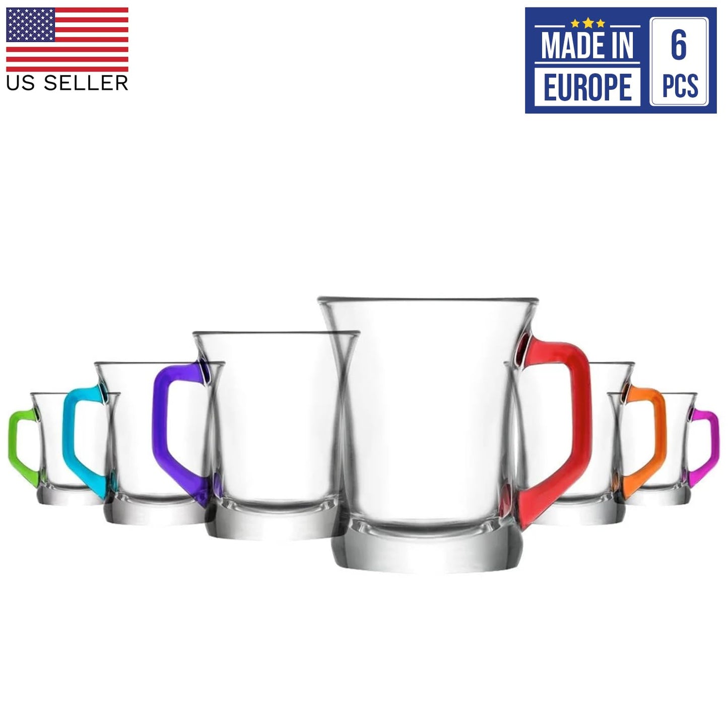 6x Multicolour Base 225ml Zen+ Glass Coffee Mugs - Tea Latte Cappuccino Hot Chocolate Drink Drinking Glasses Cups Set - By LAV