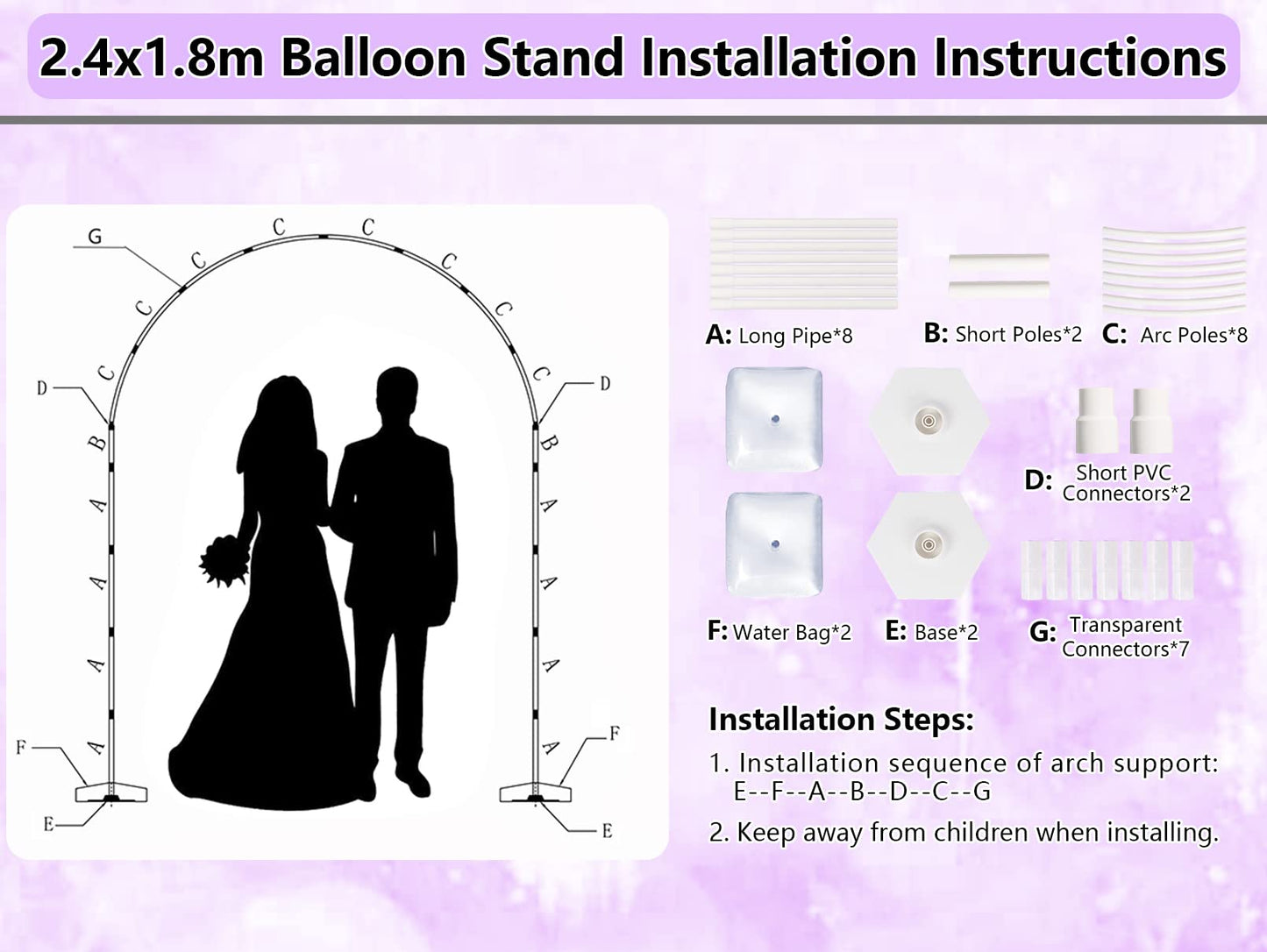 8ft × 6ft Balloon Arch Stand Kit for Floor, Balloon Arch Frame with Base, Balloon Arch Kit Floor Standing for Wedding, Birthday, Baby Shower, Graduation Party Decorations 8ft× 6ft(240× 180cm)