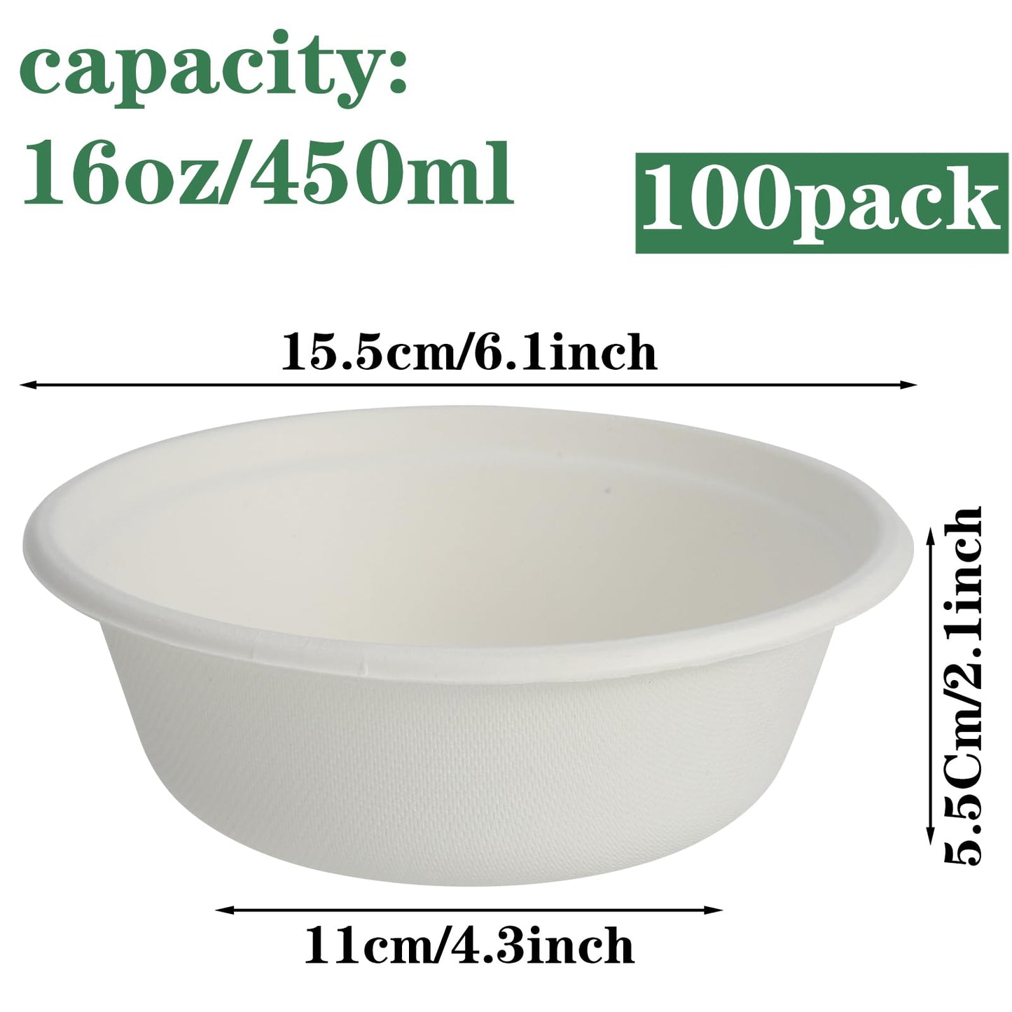 100Pcs Disposable Paper Bowls,16OZ White Rigid Bagasse Bowls Compostable Sugarcane Bowls for Salad,Dessert,Milk,Cereals Restaurants BBQ Party