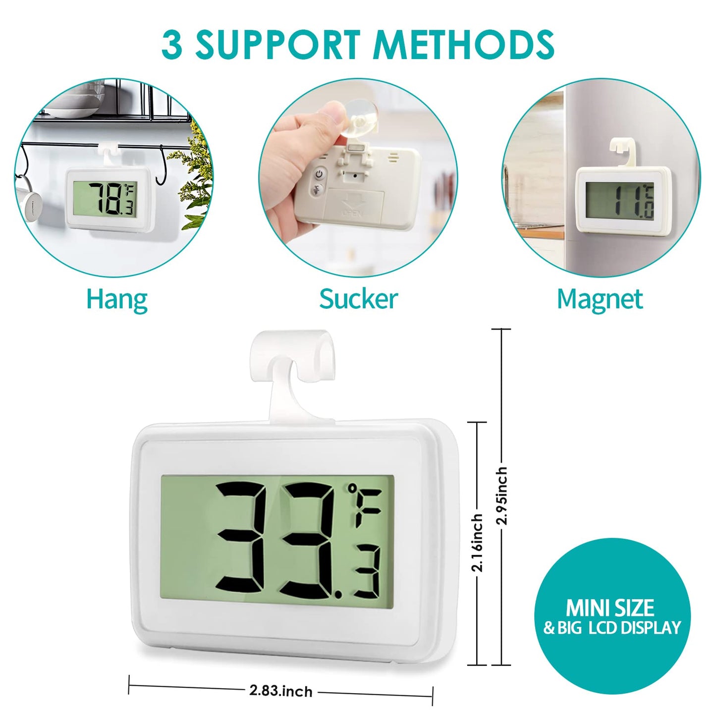 4PCS Digital Refrigerator Thermometer, Waterproof Freezer Room Thermometer,High Precision Fridge Alarm Thermometer with Hook for Kitchen Home,°C/°F Convertible 4