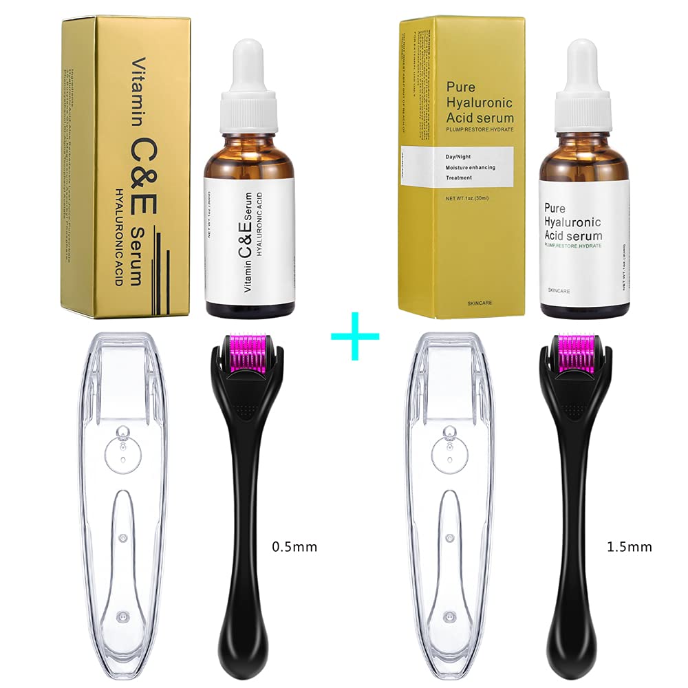 4 in 1 Derma Roller Microneedling Kit for 2 Pack(0.5mm/1.5mm) + Hyaluronic Acid Serum + Vitamin C Facial Serum - 540 Titanium Microneedle