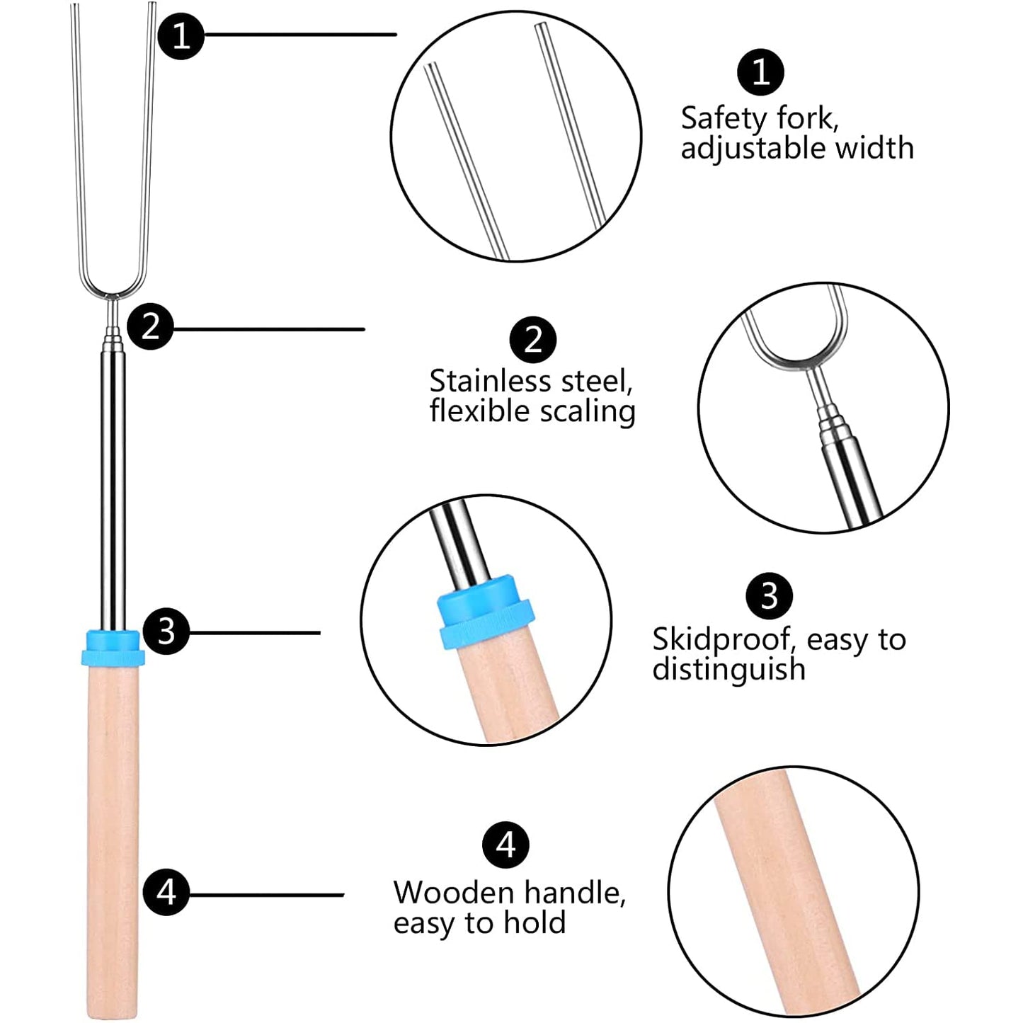 8 Pack Barbecue Forks, Marshmallow Roasting Sticks Extendable Stainless Steel Hot Dog Fork with Wooden Handle Retractable BBQ Telescoping Skewers for Camping, Bonfire, Fireplace, Picnic