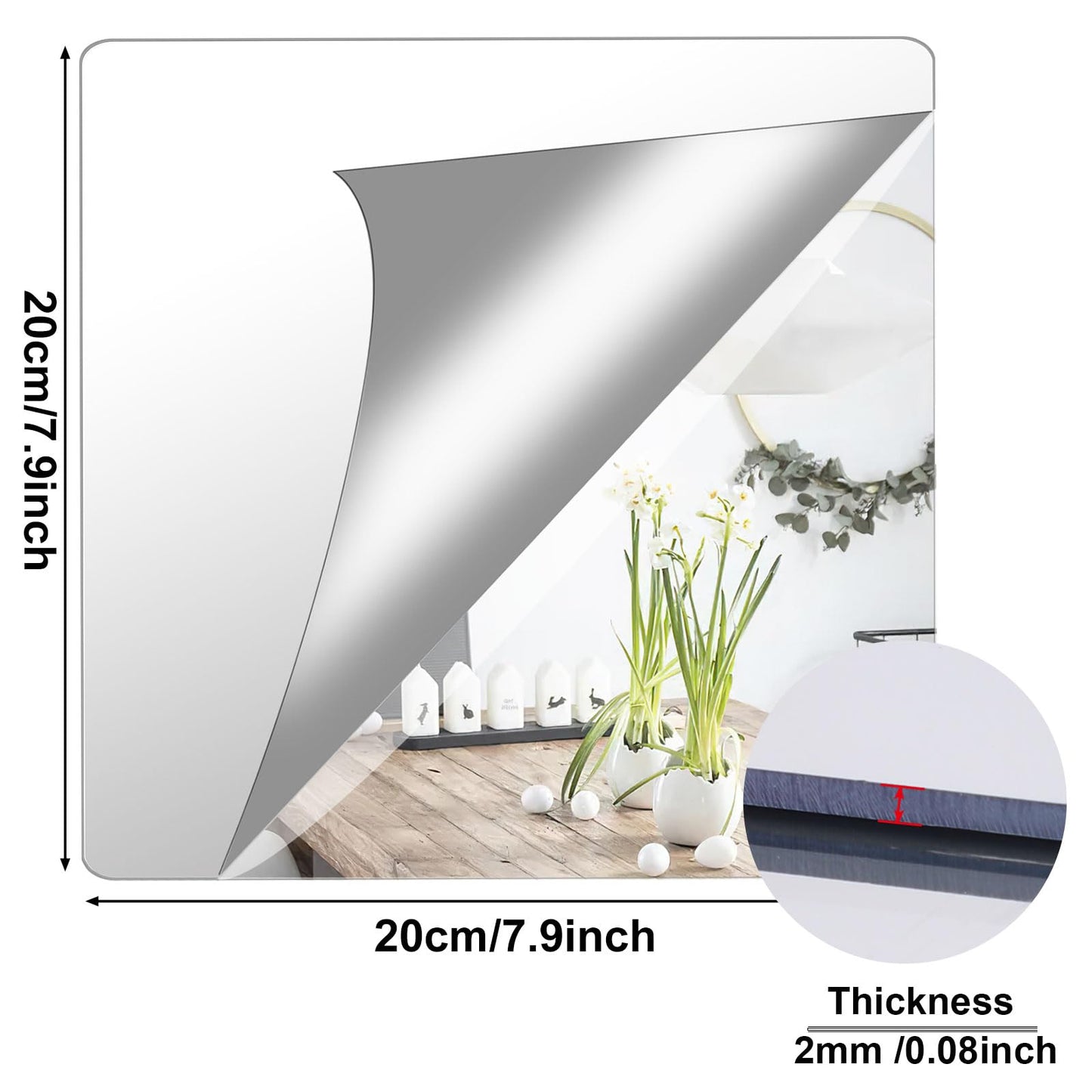 4 Pack Self Adhesive Mirror Tiles 20x20cm 2MM Thick Acrylic Stick On Removable Wall Mirror Stickers/ Sheets for Home Decoration 1