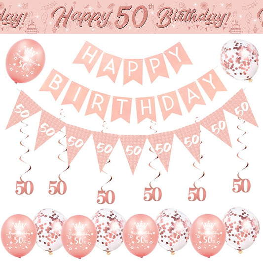 50th Birthday Decorations for Women-Rose Gold 50th Birthday Banners for Her,50th Party Decor Happy 50th Birthday Banner Bunting Foil Hanging Swirls Triangle Flags Confetti Latex Balloons Pink 50th Birthday Set