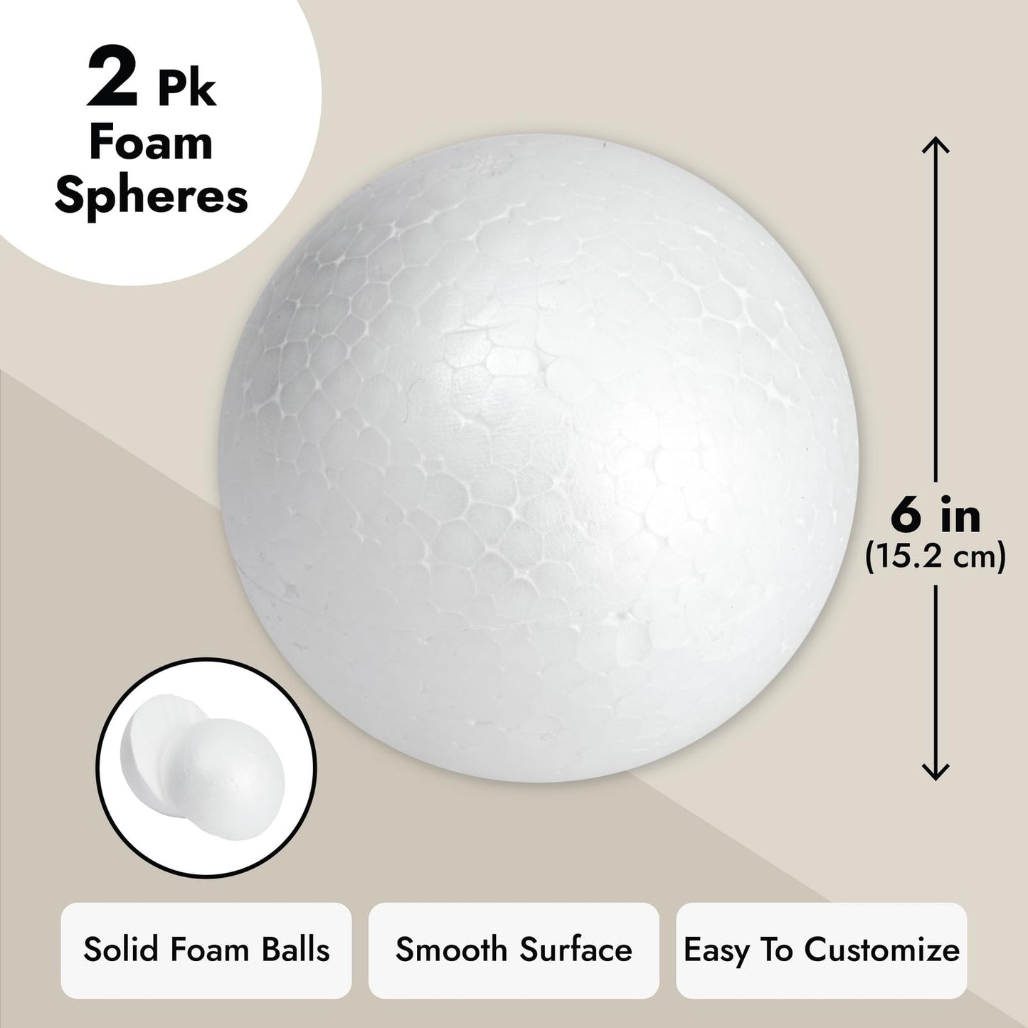 2-Pack Foam Balls for Crafts, 15 cm White Polystyrene Balls for Art, Craft, School Projects, Decorations