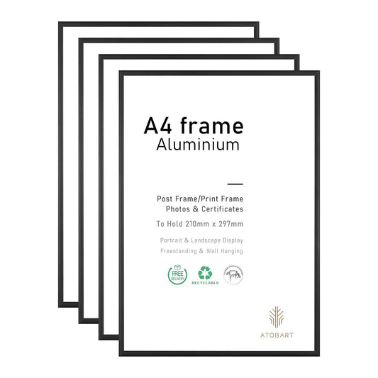 A4 Photo Frame,4 Pack-21x30cm Black Aluminium Picture Frame,Certificate Frame for Wall Mount or Table Top Display,Set of 4 A4 (4 Pack)