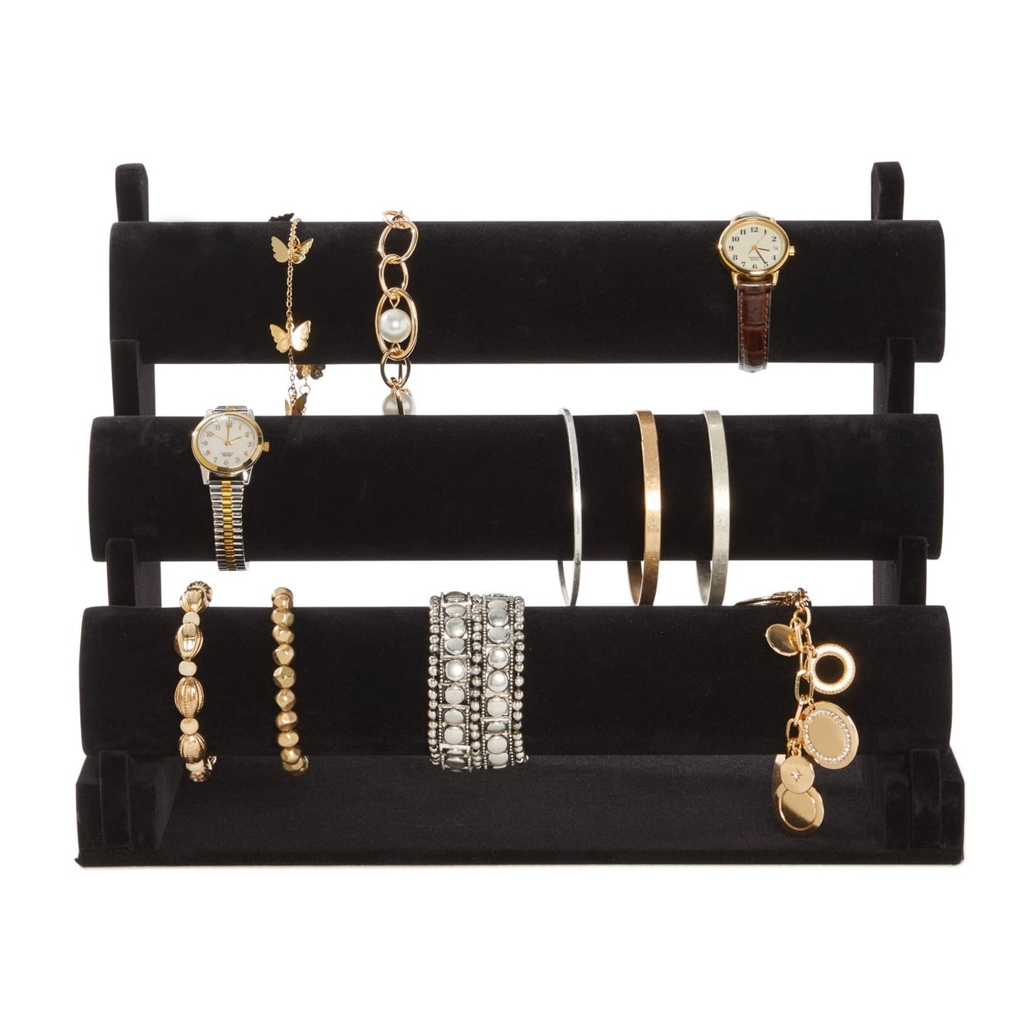 3-Tier Jewellery Display Stand with Removable Bars for Bracelets, Anklets, Watches, Bangles, Black Velvet, 30.5 x 23 x 18 cm