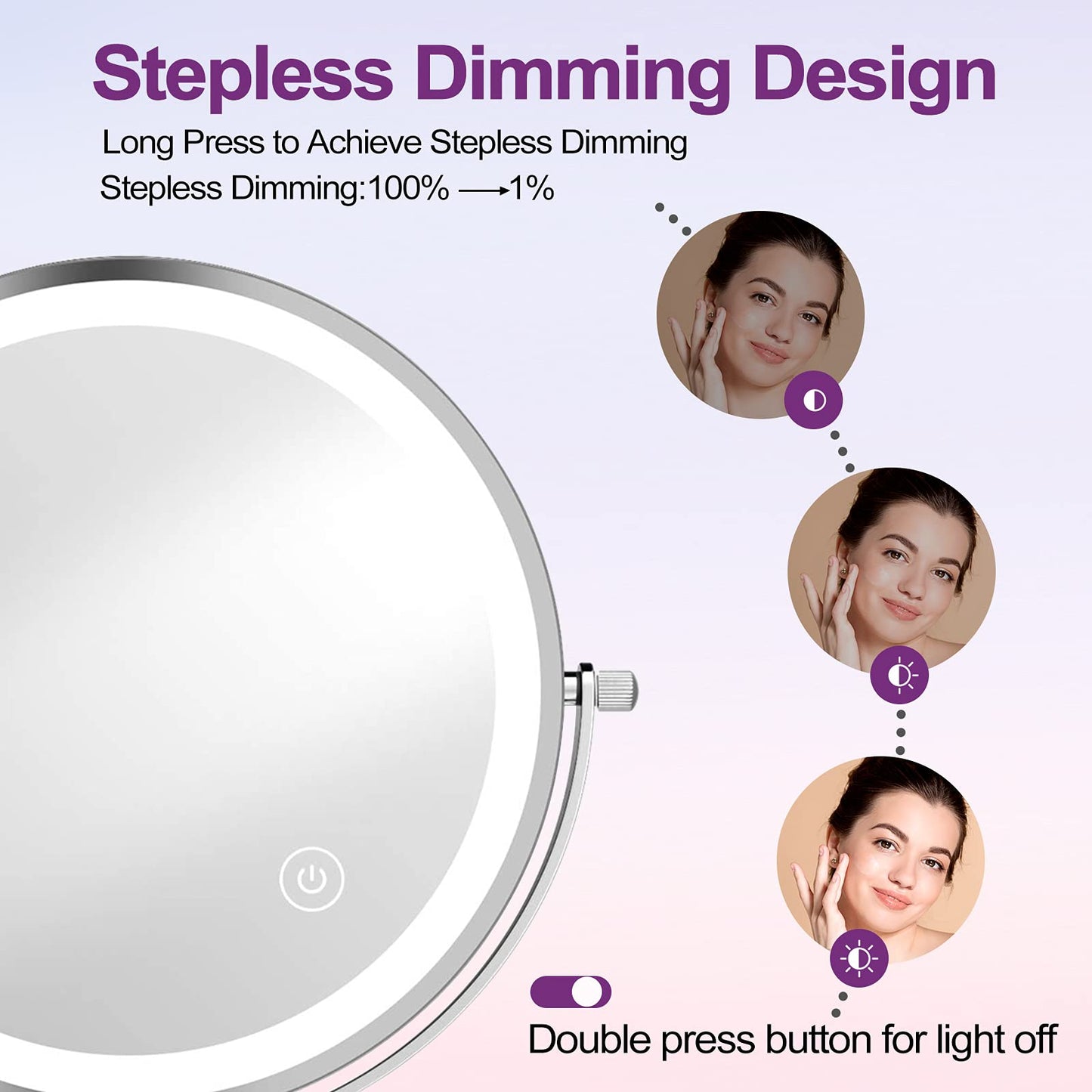 8in Rechargeable Lighted Makeup Mirror with 3 Color Lights Dimmable Double Sided 1X/10X Magnifying Mirror Touch Screen