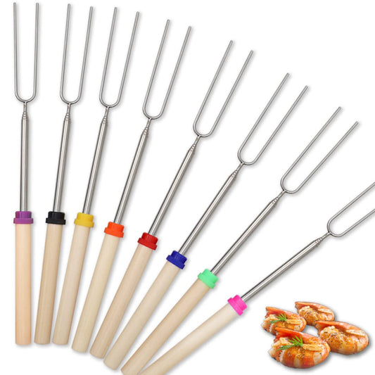 8 Pack Barbecue Forks, Marshmallow Roasting Sticks Extendable Stainless Steel Hot Dog Fork with Wooden Handle Retractable BBQ Telescoping Skewers for Camping, Bonfire, Fireplace, Picnic