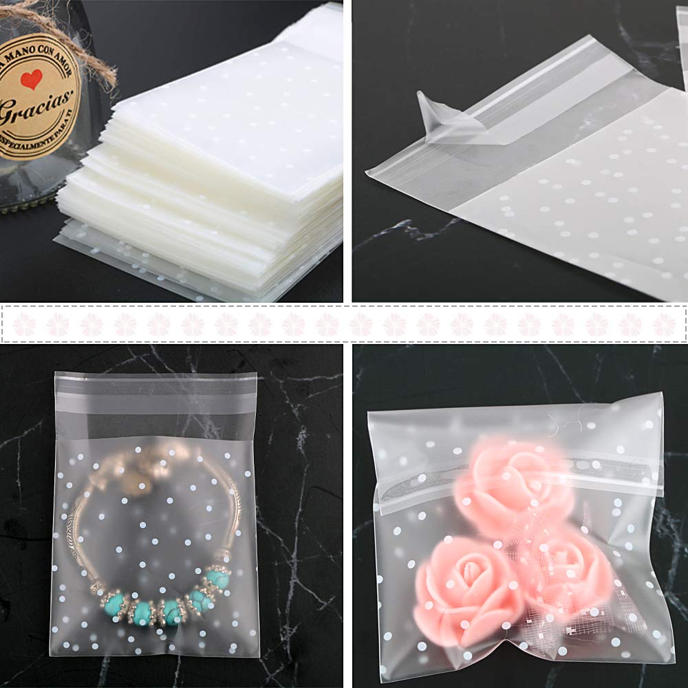 200 Pcs Clear Plastic Bags Thickened Self-adhesive Small Gift Bags Clear White Polka Dot Packaging Bag Party Candy Chocolate Bag 7x7.3cm+2.4cm